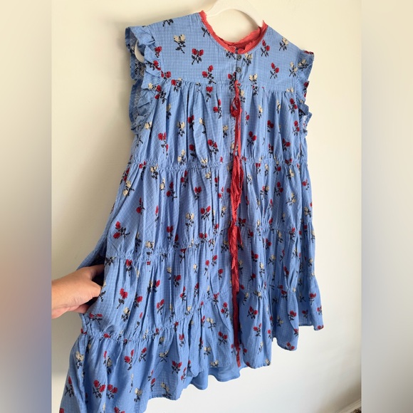 NWT- Free People Blue Floral Tiered Mini Dress XS Boho Cottagecore Ruffle Sleeve - Picture 3 of 8